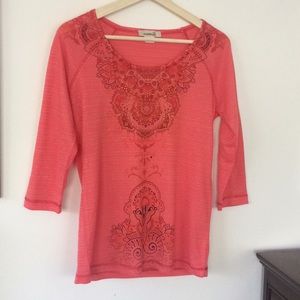 SOFT coral 3/4 sleeve tee with sequins